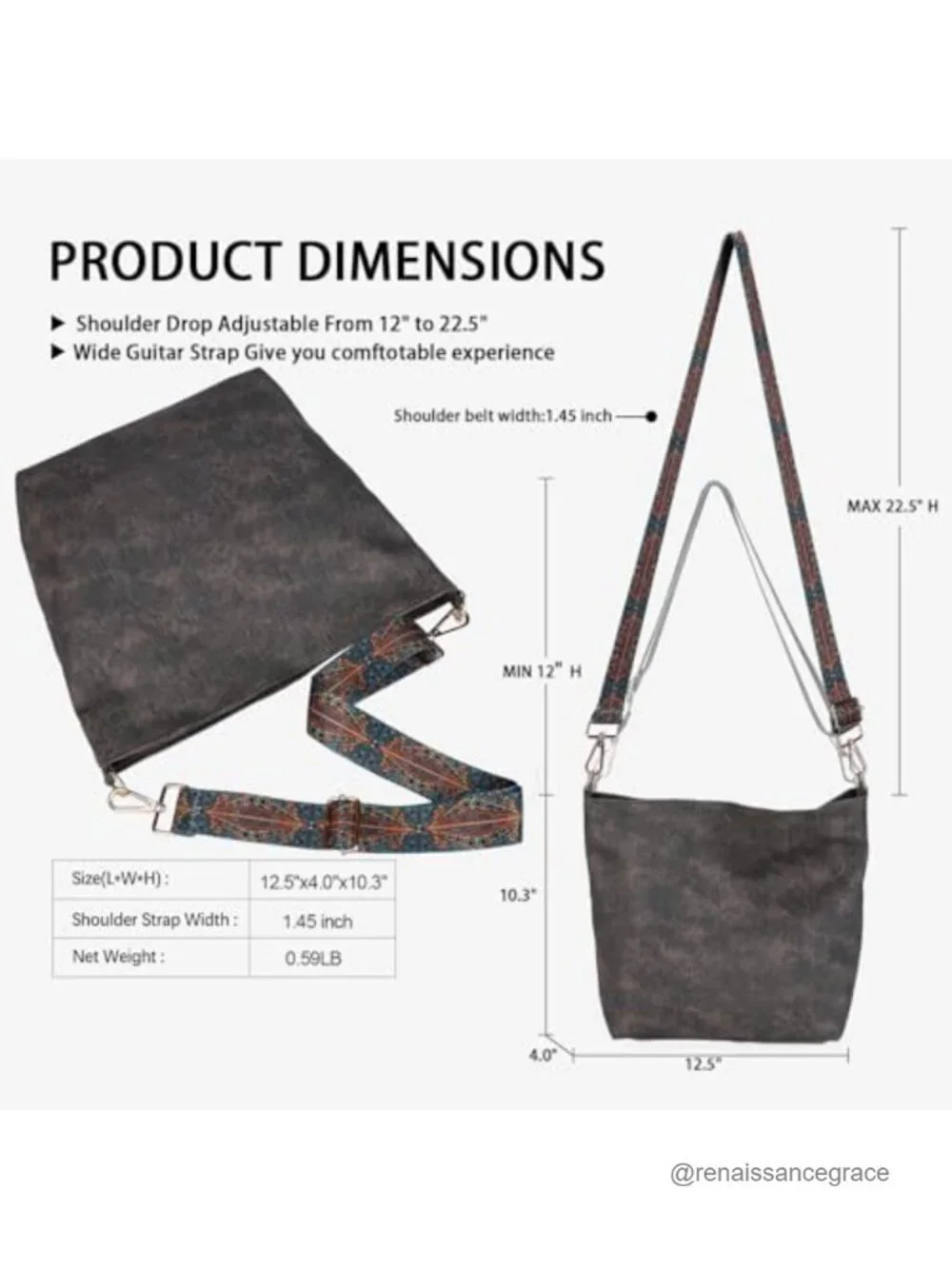 Hobo Bag for Women Slouchy Crossbody Purse Boho Guitar Strap Faux Leather